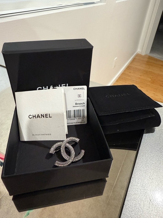 CHANEL Jewelry - CHANEL Silver Crystal CC Logo Brooch